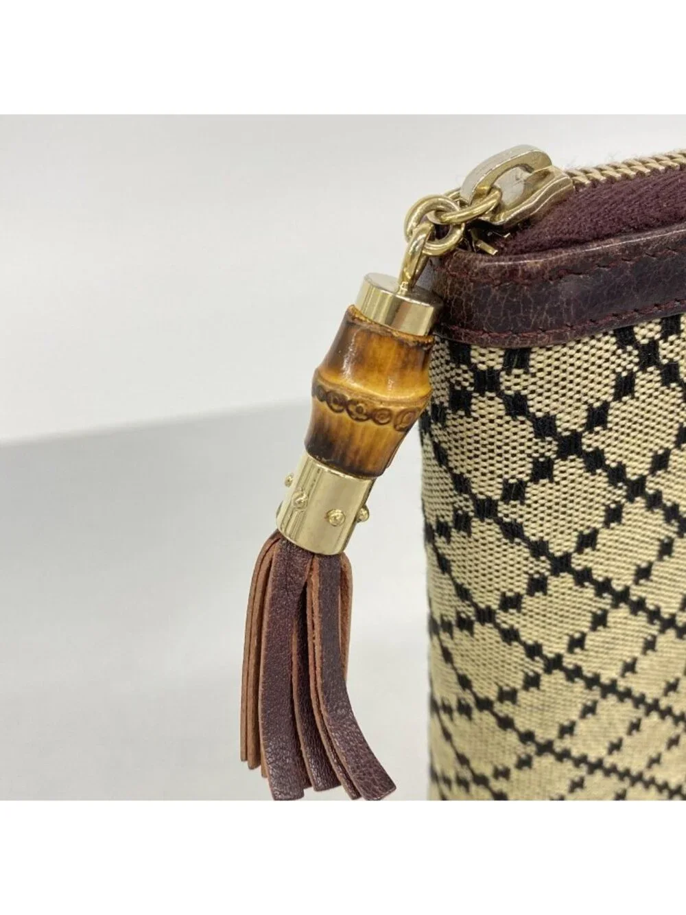 Gucci Wallet Bamboo Diamante Canvas Beige Bordeaux Champagne Gold - Picture 8 of 9